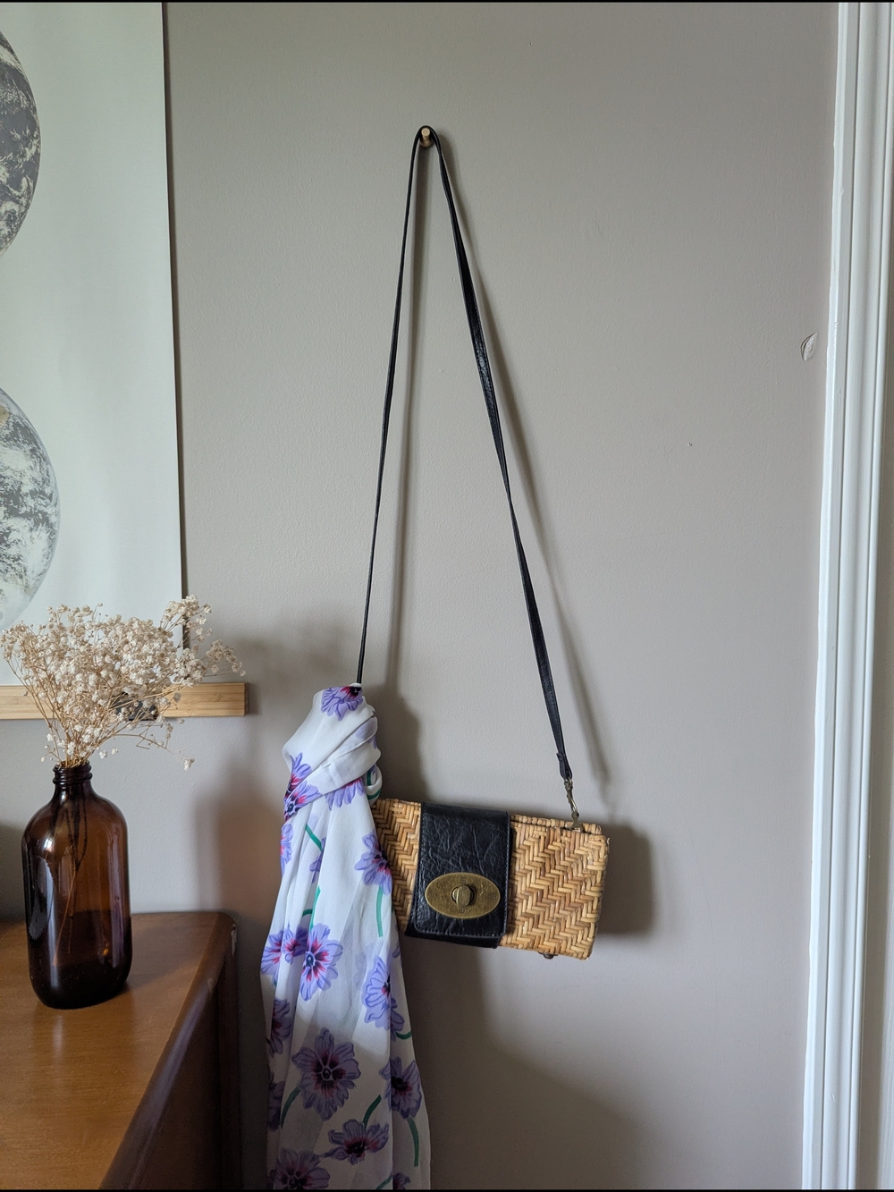 Woven Straw and Black Leather Crossbody Bag
